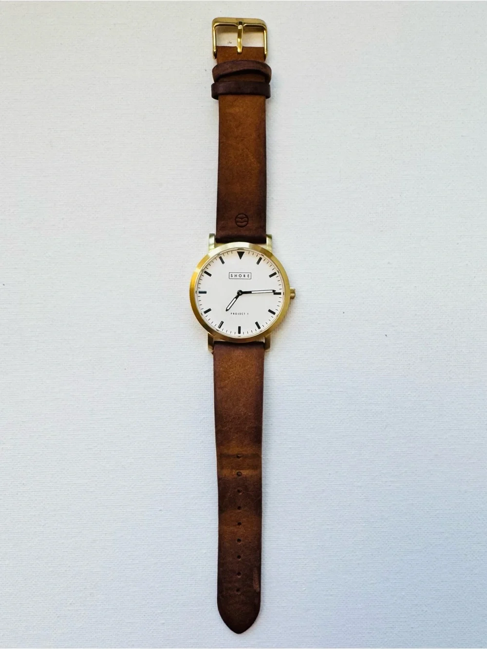 SHORE Projects POOLE Sapphire Crystal 39mm Men's Gold White Watch Brown Leather